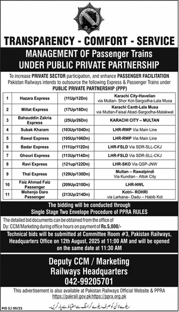 Pakistan Railways Lahore Tender Notice
